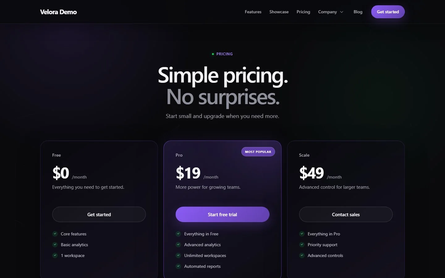 Pricing table with three plans